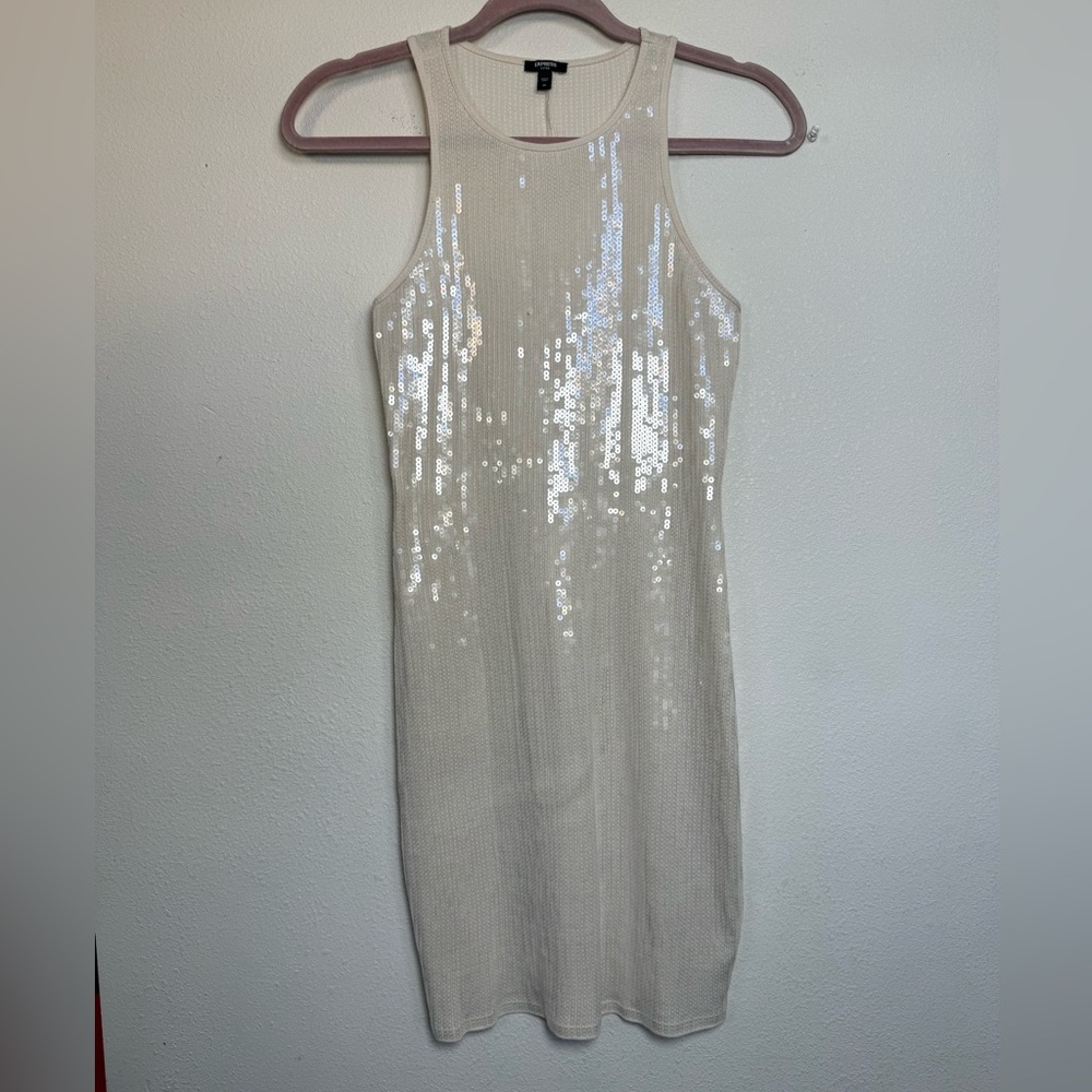 Express XS Cream Sequin Bodycon Mini Dress Ribbed Stretch Tank Y2K Party Club - Picture 2 of 8